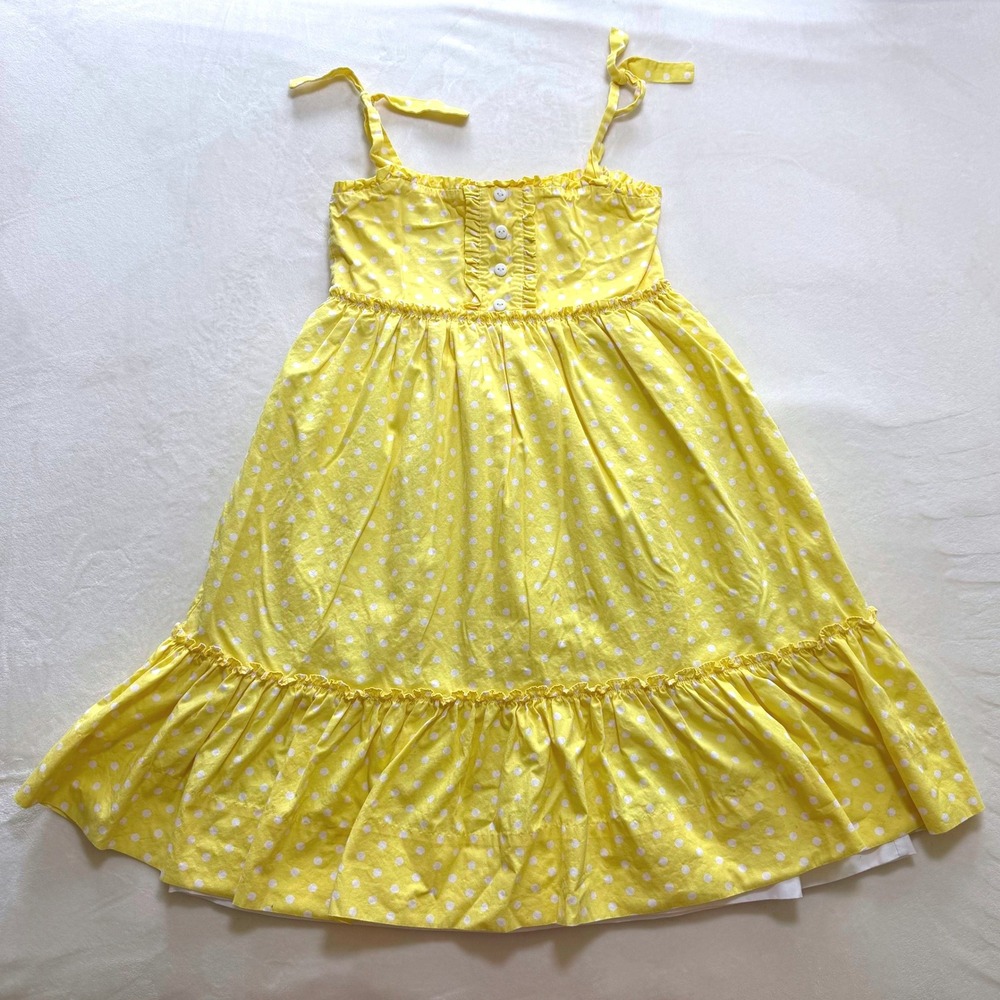 Strasburg Polka Dot Sundress Kids 7Y Yellow Ruffle Tiered Cotton Tie Strap